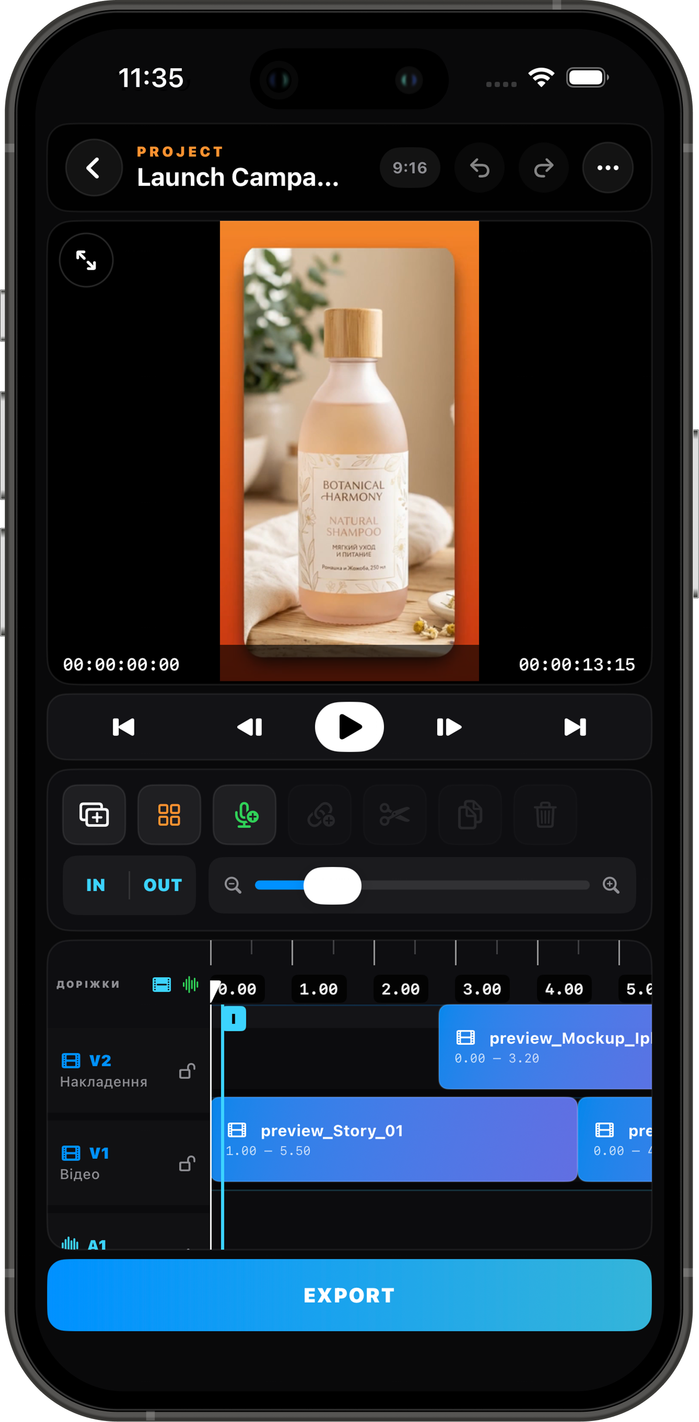Vidly Video Editor timeline with clips inside an iPhone